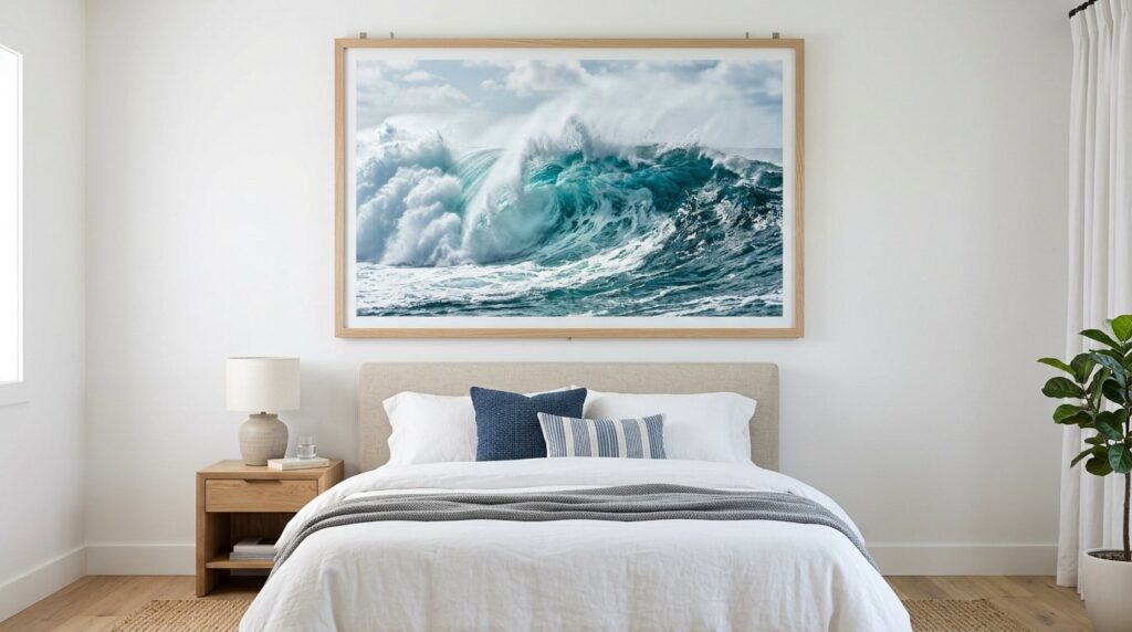 Large crashing ocean wave art in a modern coastal bedroom with white linen bedding and a neutral headboard.