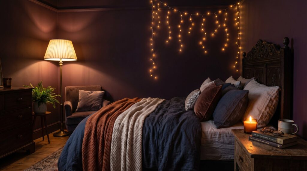 Moody purple bedroom with a vintage carved headboard and warm string lights over layered bedding in a cozy home.