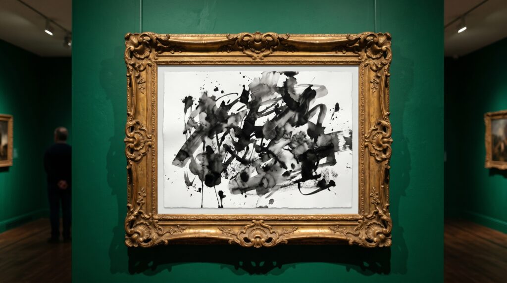 Abstract black ink artwork displayed in a large ornate gold frame on a dark emerald green wall.