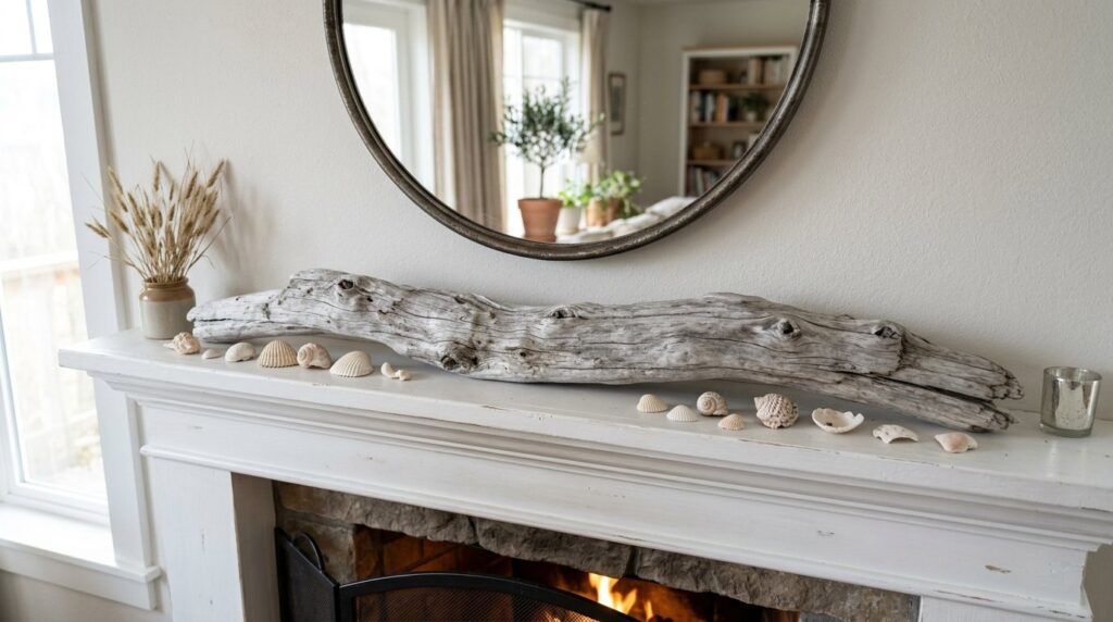Natural weathered driftwood and seashells on a white coastal fireplace mantel in a cozy sunlit living room.