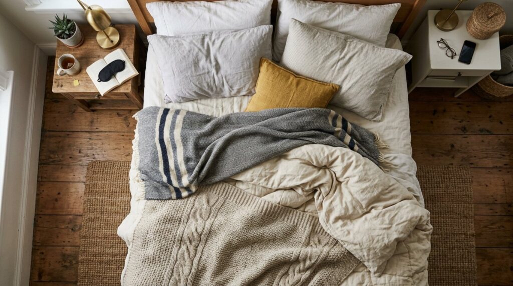 Top-down view of a cozy, unmade bed with layered neutral linens, a mustard yellow accent pillow, and a chunky knit throw, flanked by wooden nightstands with tea and books.