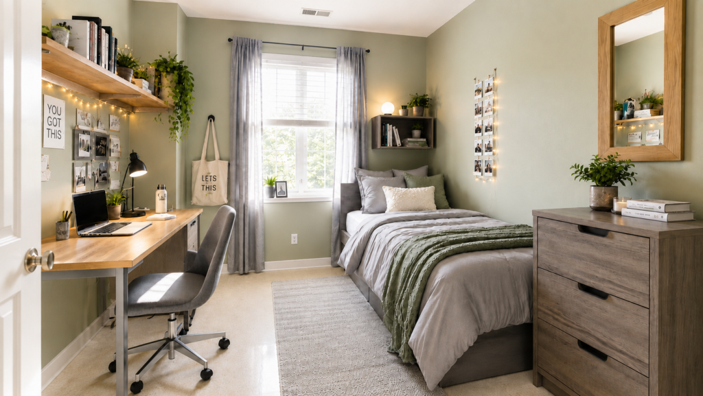 Aesthetic small bedroom design featuring sage green walls, a wooden corner desk, and a cozy twin bed.