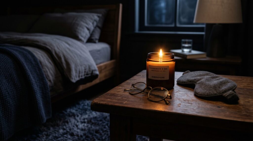 Lit amber jar candle and sleep mask on a wooden nightstand in a moody, dark cozy bedroom at night.