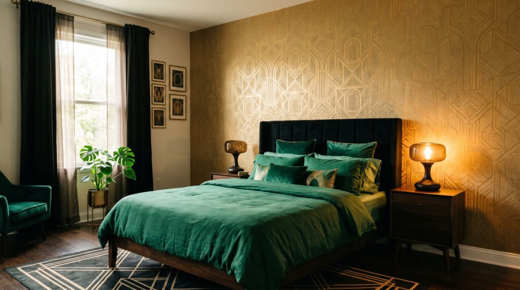 Art Deco bedroom with gold geometric wallpaper, green velvet bedding, and mid-century modern nightstand lamps.