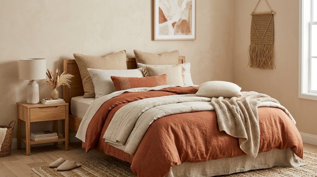 Cozy bedroom with terracotta and beige layered linen bedding, a wooden bed frame, and earthy minimalist decor.