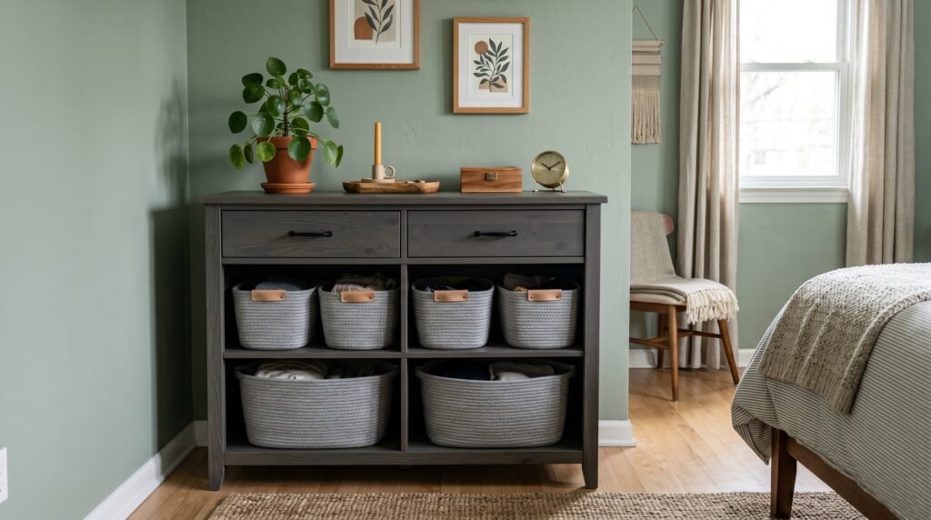 Grey wood dresser organized with woven storage baskets against a sage green wall with botanical art.