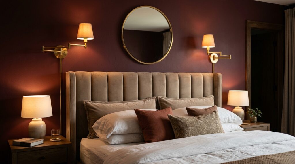 Master bedroom headboard featuring gold swing arm sconces and burgundy velvet pillows on a dark plum wall.
