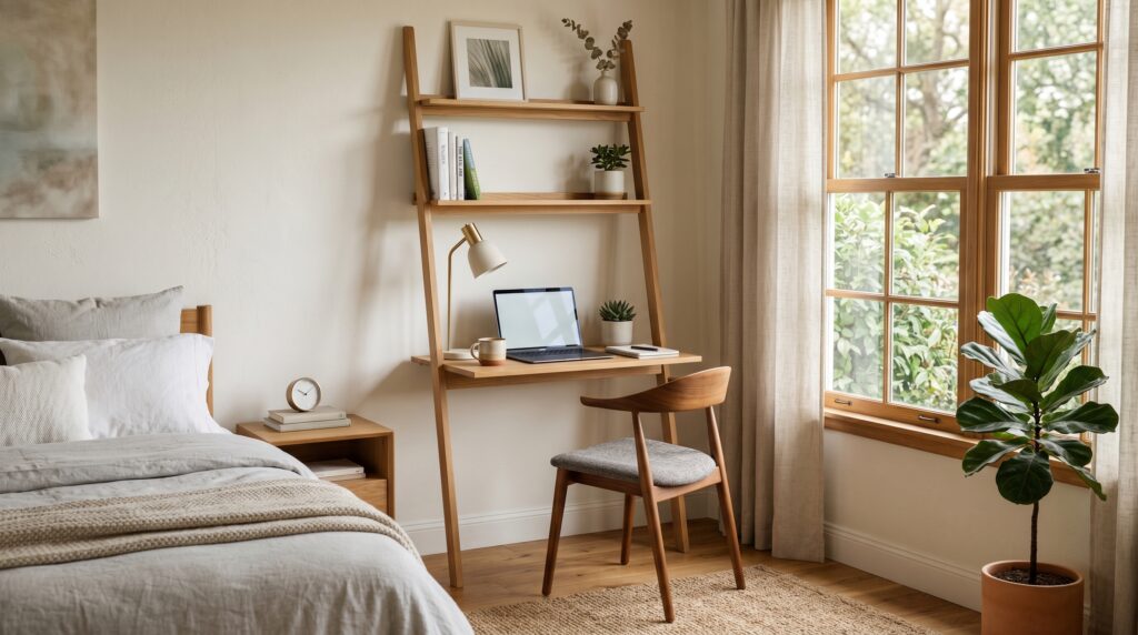 Small bedroom workspace with a wooden ladder desk, laptop, and mid-century chair next to a window.