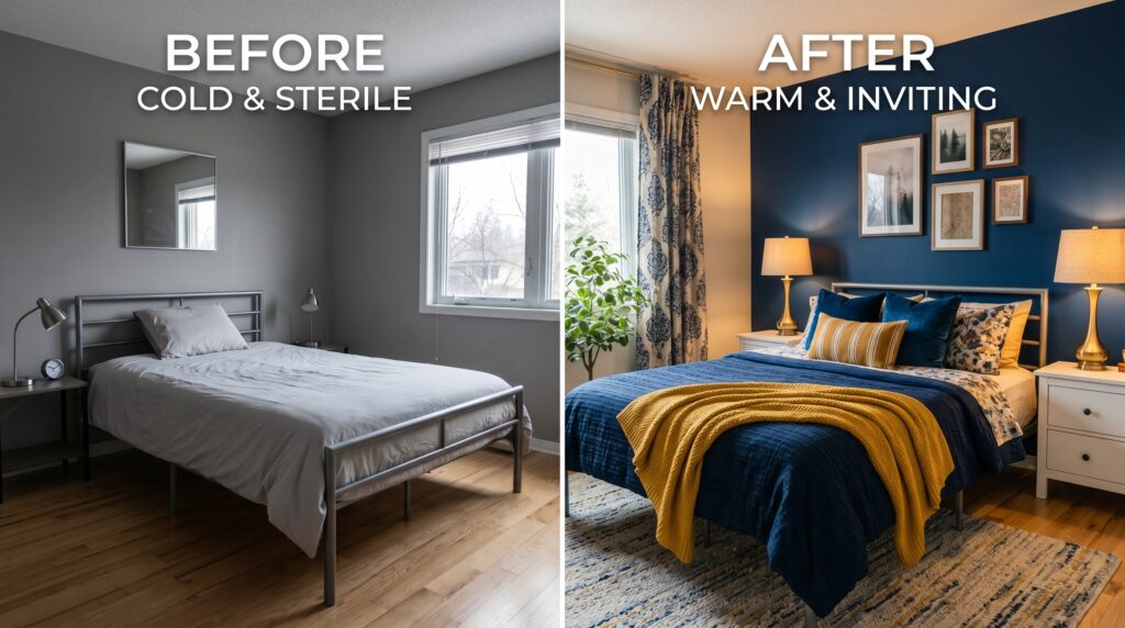 Bedroom transformation showing a before and after from a cold grey room to a warm navy and yellow interior.