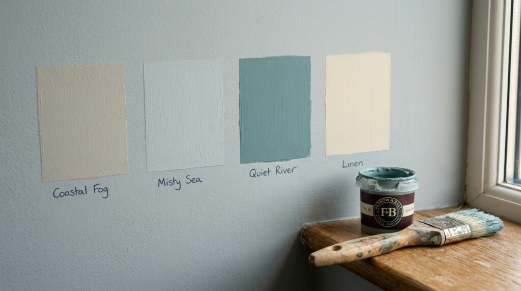 Blue and neutral paint swatches on a wall with a paint brush and can on a wooden windowsill.