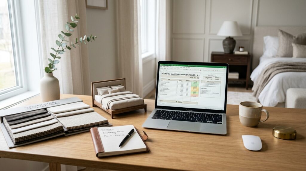 Home office desk with a laptop displaying a bedroom renovation budget next to fabric swatches and a mini bed model.