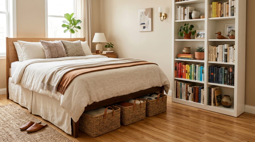Underbed storage baskets and a white built-in bookshelf in a bright, organized bedroom.