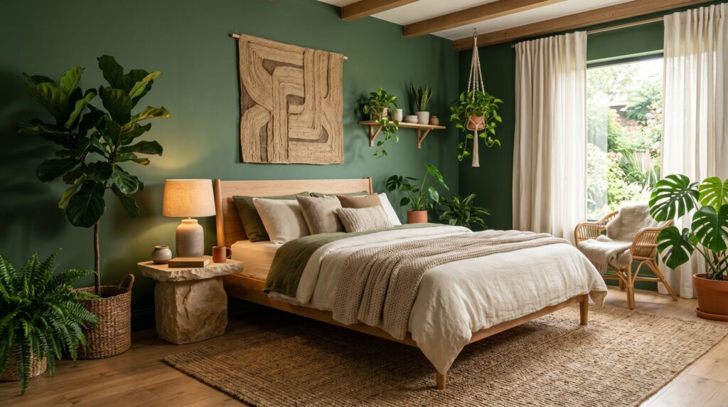 Biophilic bedroom with deep green walls, abundant indoor plants, a jute rug, and a stone side table.