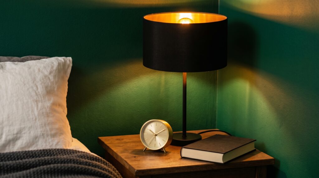 Close-up of a black and gold table lamp and brass alarm clock on a wooden nightstand with green walls.