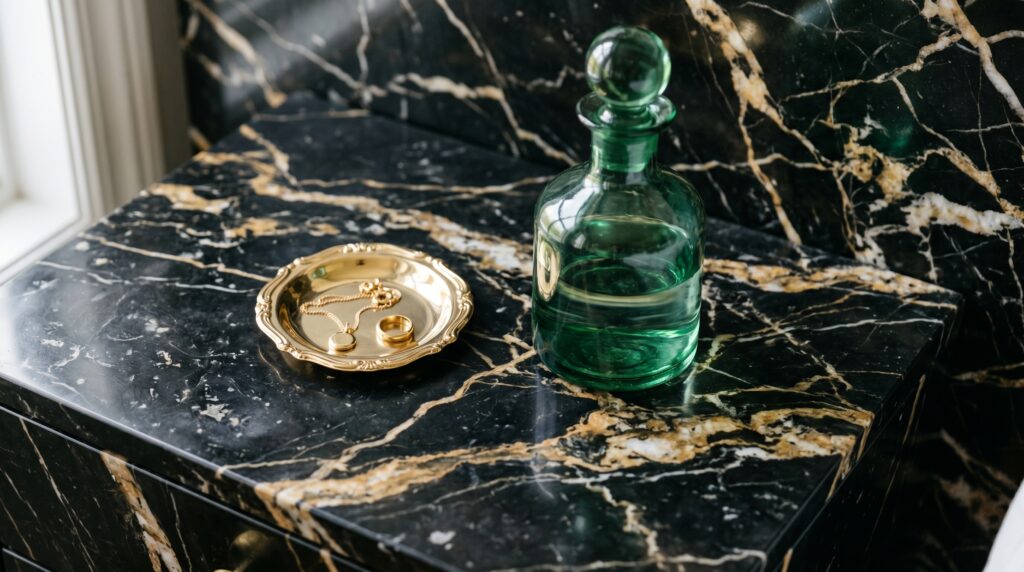 Green glass decanter and gold jewelry tray on a black and gold marble countertop in a luxury bedroom.