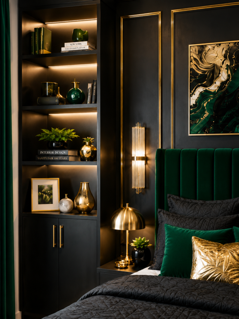 Modern dark luxury bedroom featuring illuminated black built-in shelves with gold decor next to a green velvet bed.