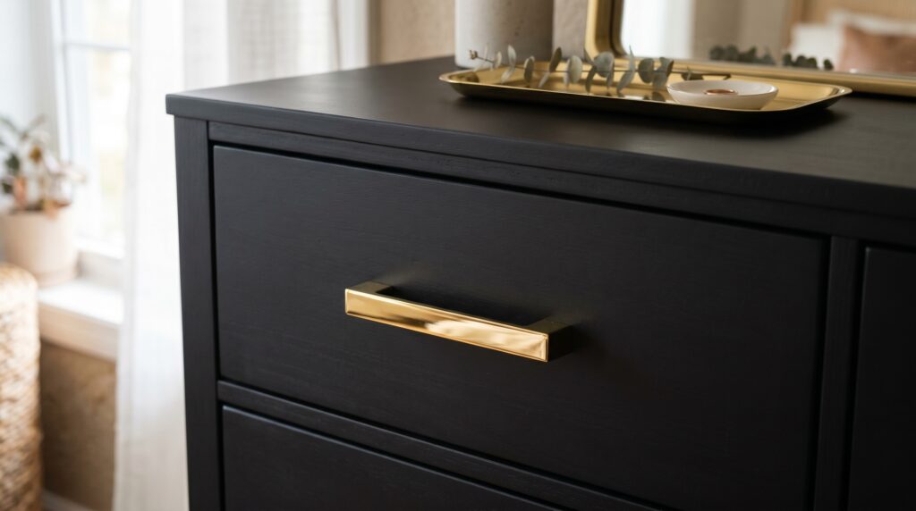 Close-up of a sleek black dresser featuring a polished gold handle and minimalist bedroom decor.