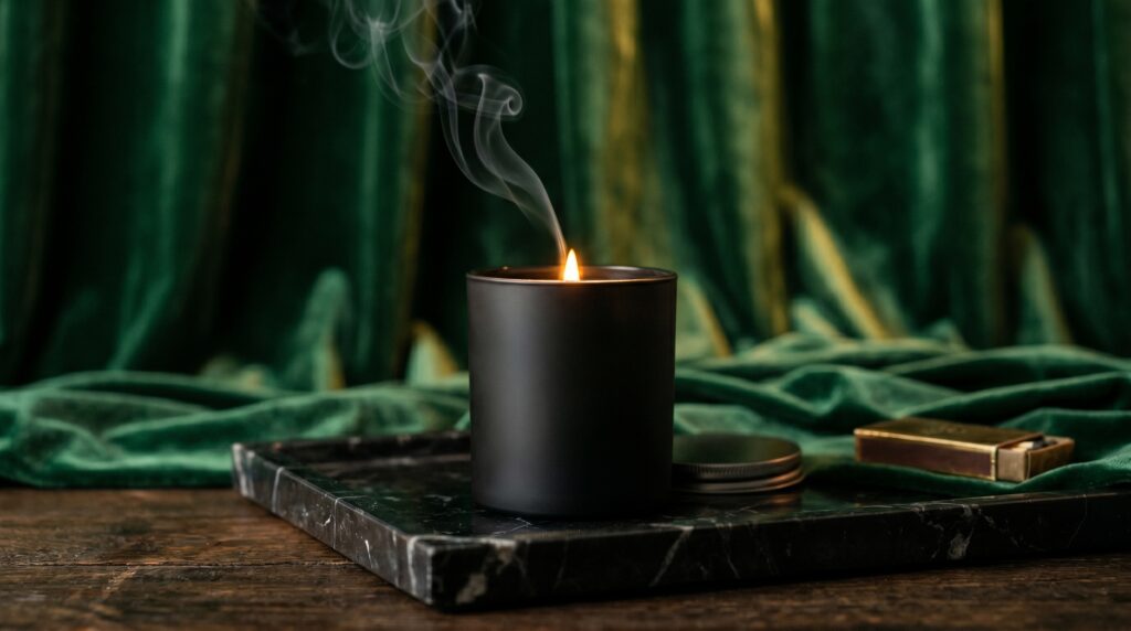 Luxury black scented candle burning on a marble tray against a rich green velvet backdrop for moody home decor.