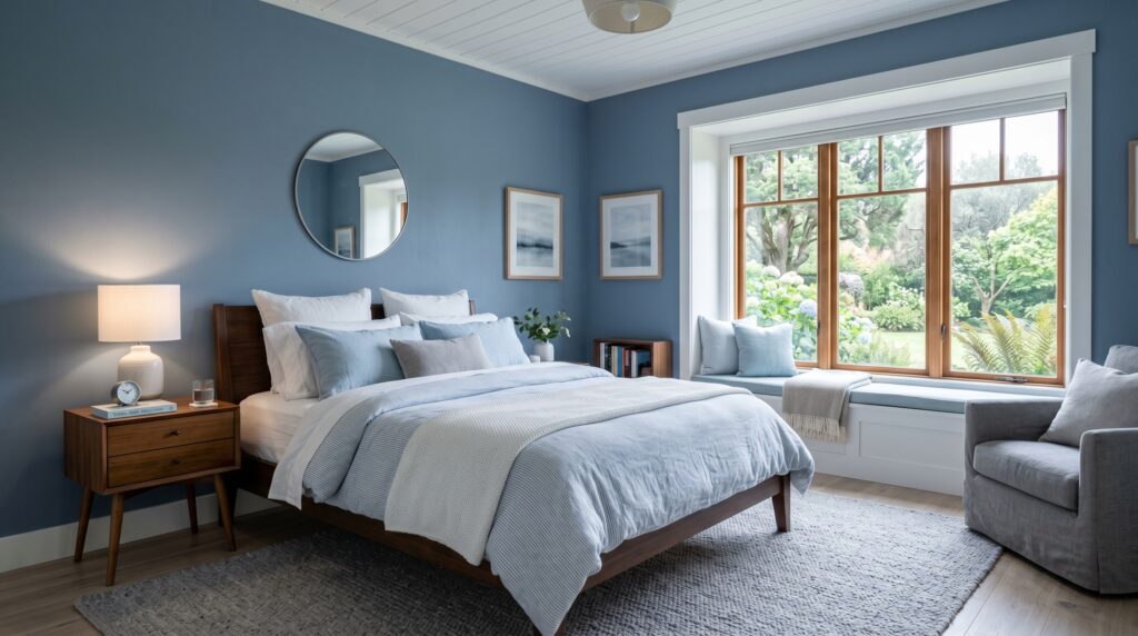 Serene blue bedroom with a cozy window seat overlooking a lush green garden and striped bedding.