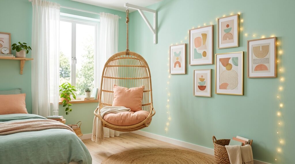 Mint green boho girl’s bedroom featuring a hanging rattan chair and a gallery wall decorated with fairy lights.