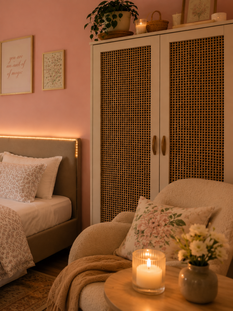 Cozy boho bedroom corner featuring a tall rattan wardrobe, a bouclรฉ accent chair with a floral pillow, and a pink wall.