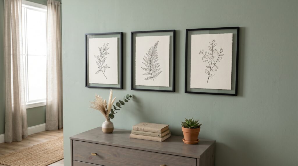 Three minimalist botanical line art frames hanging on a sage green wall above a grey wood dresser.