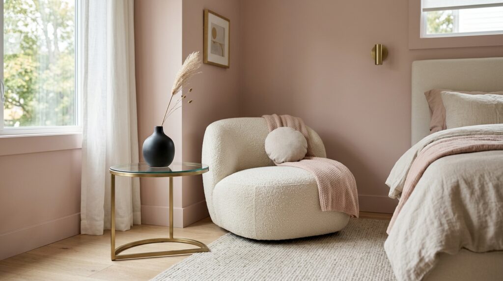White bouclé accent chair in a mauve bedroom corner with a gold side table and dried pampas grass decor.