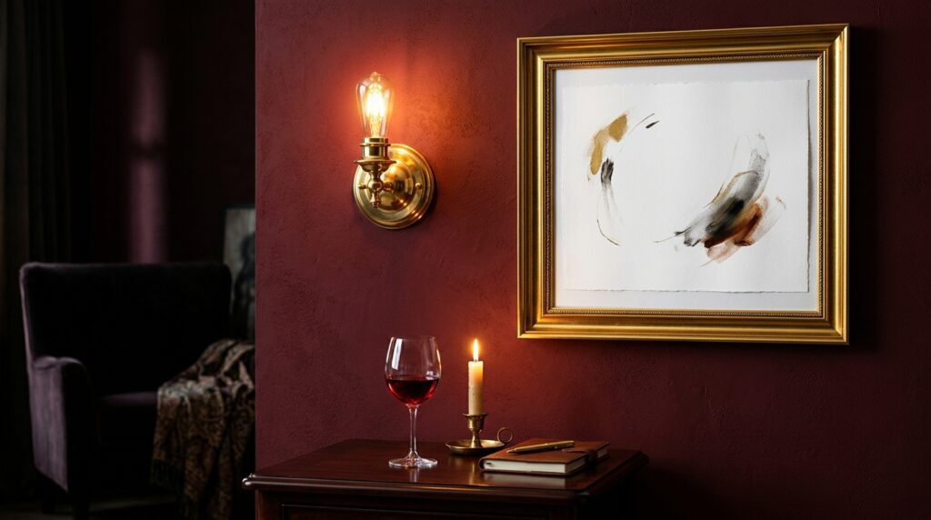 Brass wall sconce lighting abstract art on a deep maroon wall near a glass of red wine.