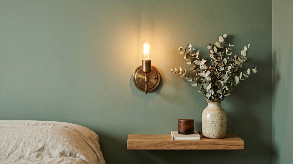 Brass wall sconce lighting and dried eucalyptus in a vase on a floating wood shelf.