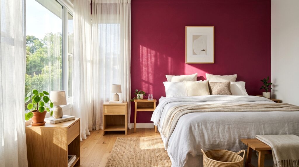 Bright modern bedroom with a magenta burgundy accent wall, light wood nightstands, and sunlit sheer curtains.
