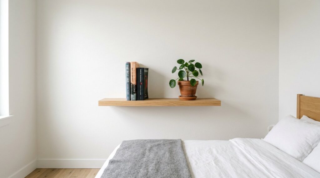 Minimalist floating wooden shelf with books and a pilea plant on a white wall in a modern bedroom.