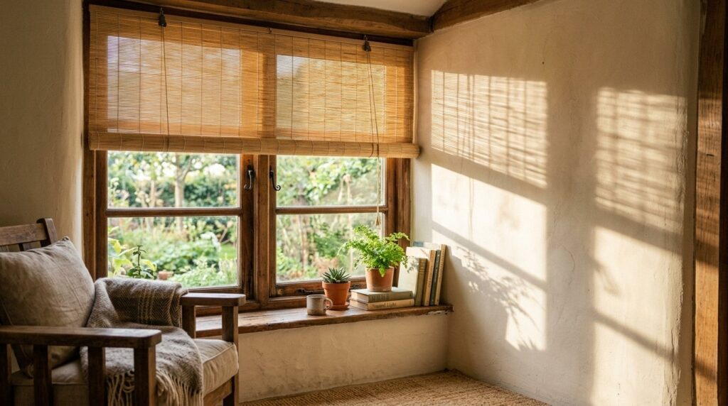 Rustic window nook with bamboo blinds casting shadows over books and plants in a sunlit cottage living room.