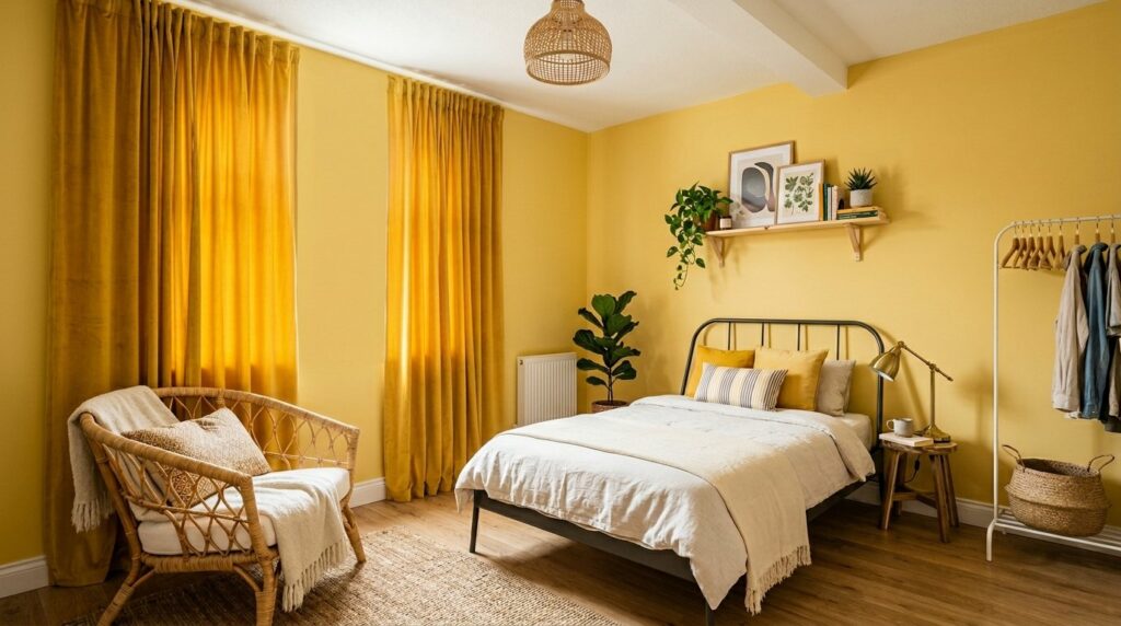 Sunny yellow bedroom featuring mustard curtains, a black metal bed, and a bohemian rattan armchair.