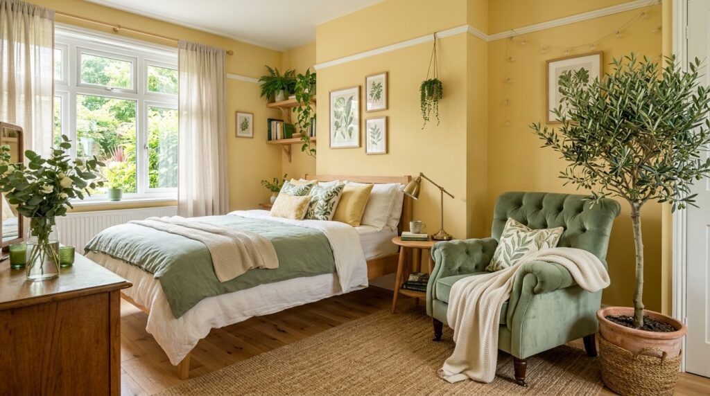 Cheerful yellow bedroom featuring sage green bedding, a tufted velvet armchair, and lush houseplants under warm natural light.