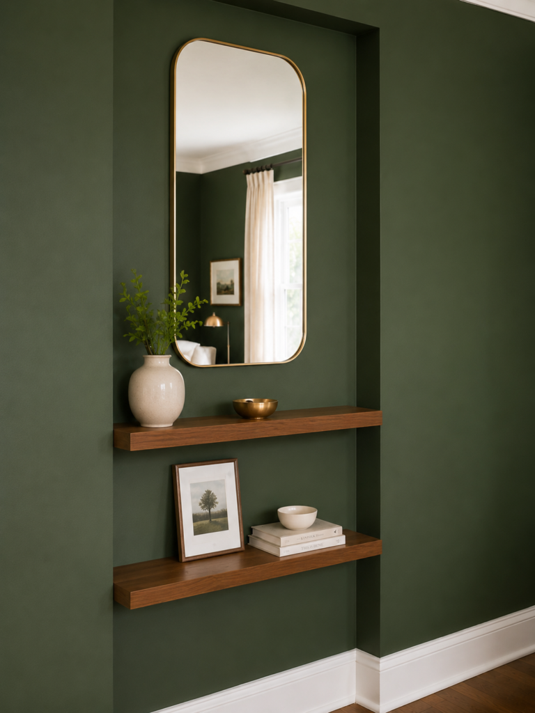 Inset wall shelves with a gold arched mirror, framed art, and decorative vases in a forest green room.