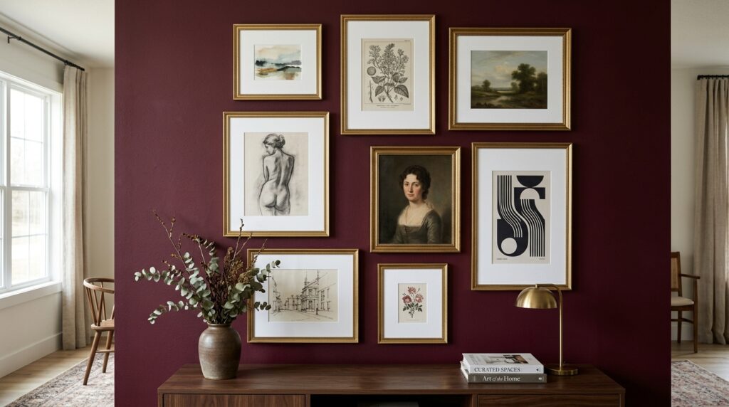 Elegant gallery wall featuring gold framed art prints and botanical sketches on a dark burgundy accent wall.