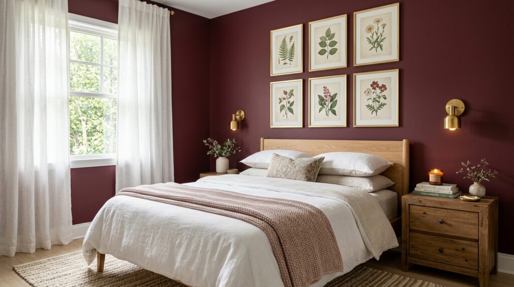 Classic bedroom with burgundy walls and a botanical print gallery wall above a light wood headboard.