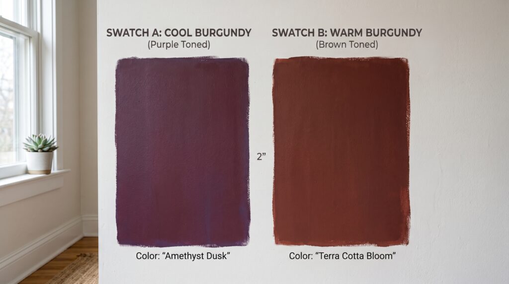 Side-by-side burgundy paint swatches comparing cool purple-toned and warm brown-toned shades on a white interior wall.