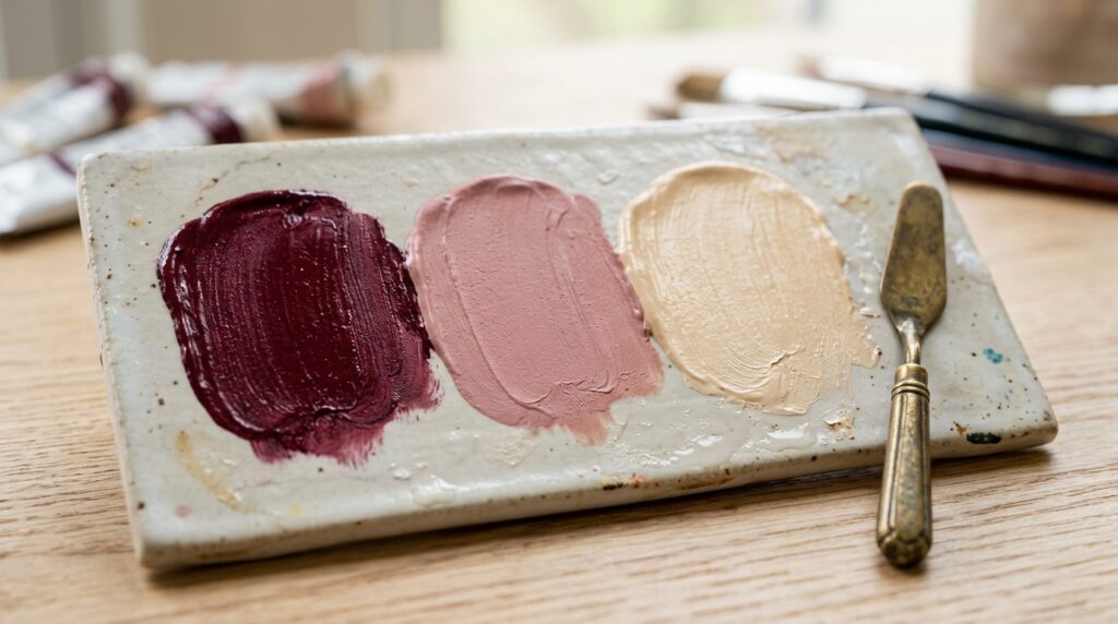 Ceramic artist palette with paint swatches in deep burgundy, dusty rose, and creamy beige tones.