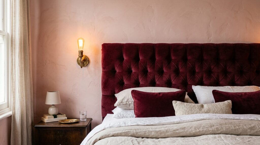Tufted burgundy velvet headboard with a vintage brass wall sconce against a dusty rose plaster wall.
