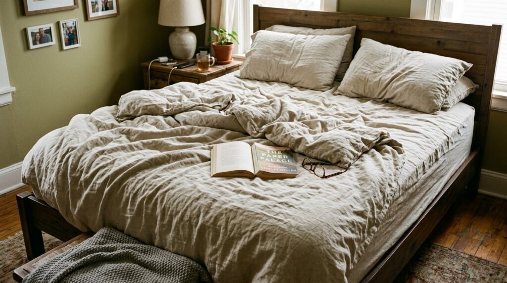 Rumpled beige linen bed in a cozy rustic bedroom with an open book and glasses on the duvet.