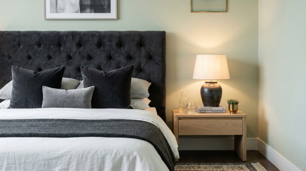 Charcoal tufted headboard against sage green walls with a warm bedside lamp on a natural wood nightstand.