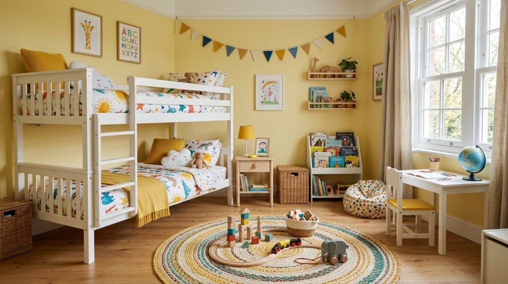 Bright yellow kids' bedroom featuring white wooden bunk beds, colorful patterned bedding, and a round braided rug in a playful space.