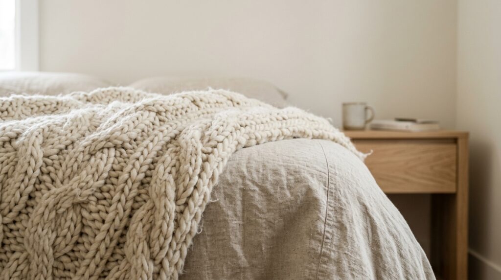 Detailed view of a chunky cable knit throw blanket on a linen duvet with a light wood bedside table.