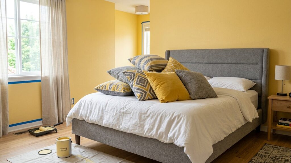 Bedroom undergoing a makeover with butter yellow paint, featuring a grey upholstered bed piled with cushions and painting supplies on the floor.