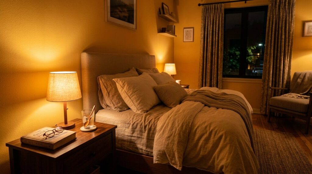 Cozy warm-lit bedroom at night with yellow walls, neutral bedding, and a glowing bedside lamp illuminating a book and glasses.