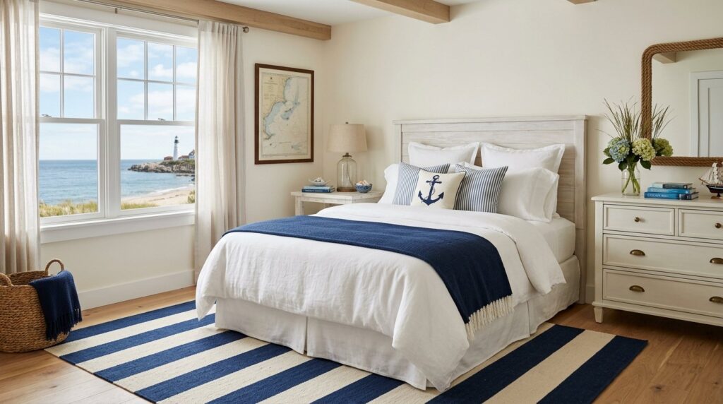Bright nautical bedroom with blue and white striped rug, anchor accent pillow, and a large window overlooking the ocean and a lighthouse.