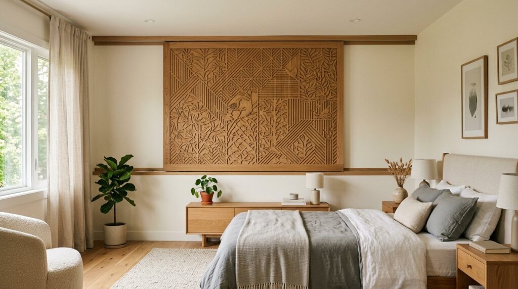 Large botanical carved wood wall art in a minimalist Japandi bedroom above a low wooden console.