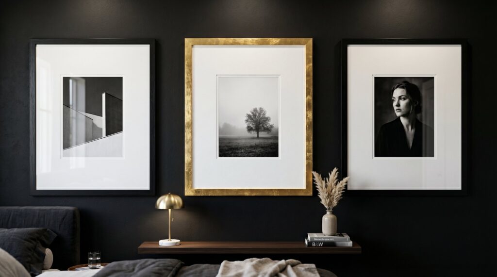 Trio of minimalist black and white photos in gold and black frames on a dark accent wall in a modern bedroom.