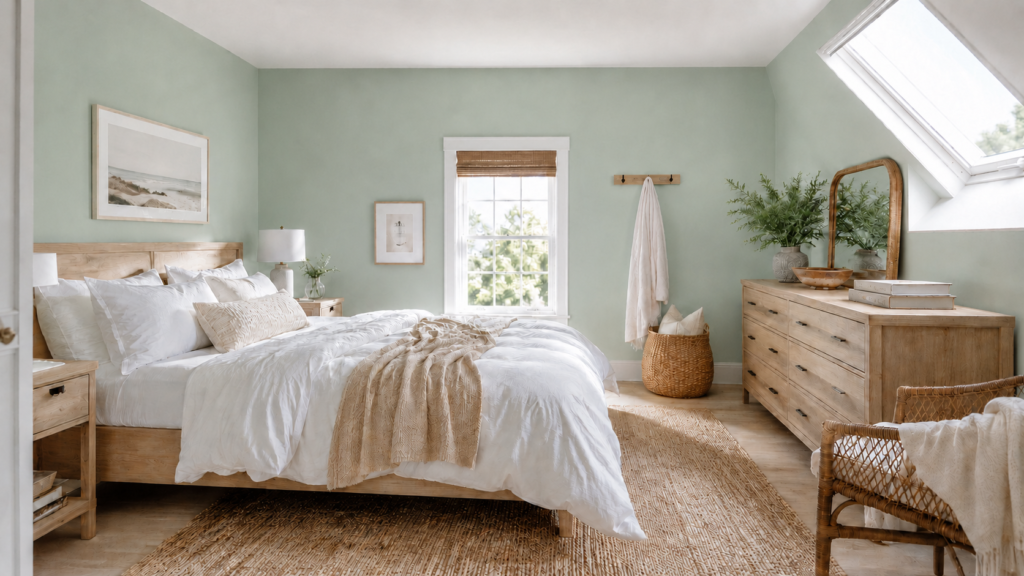 Full view of a bright coastal bedroom featuring sage green walls, light wood furniture, white bedding, and a skylight.